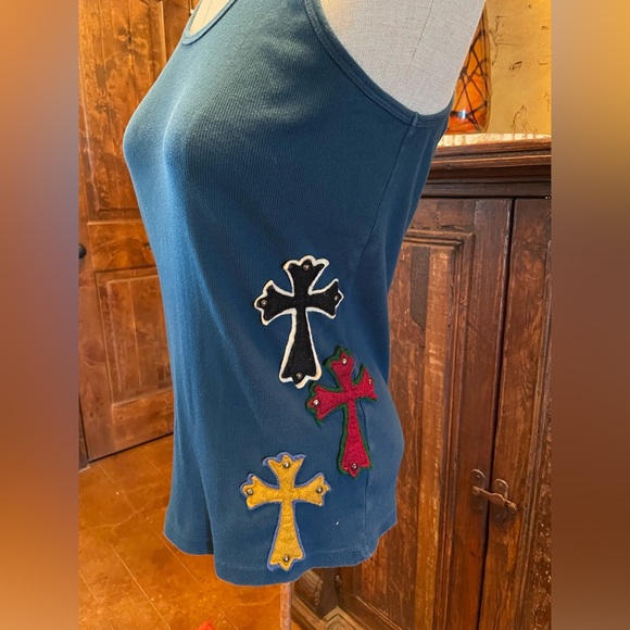 Double D Ranch Tops - Double D Ranch Tank Top, Teal w Crosses XL